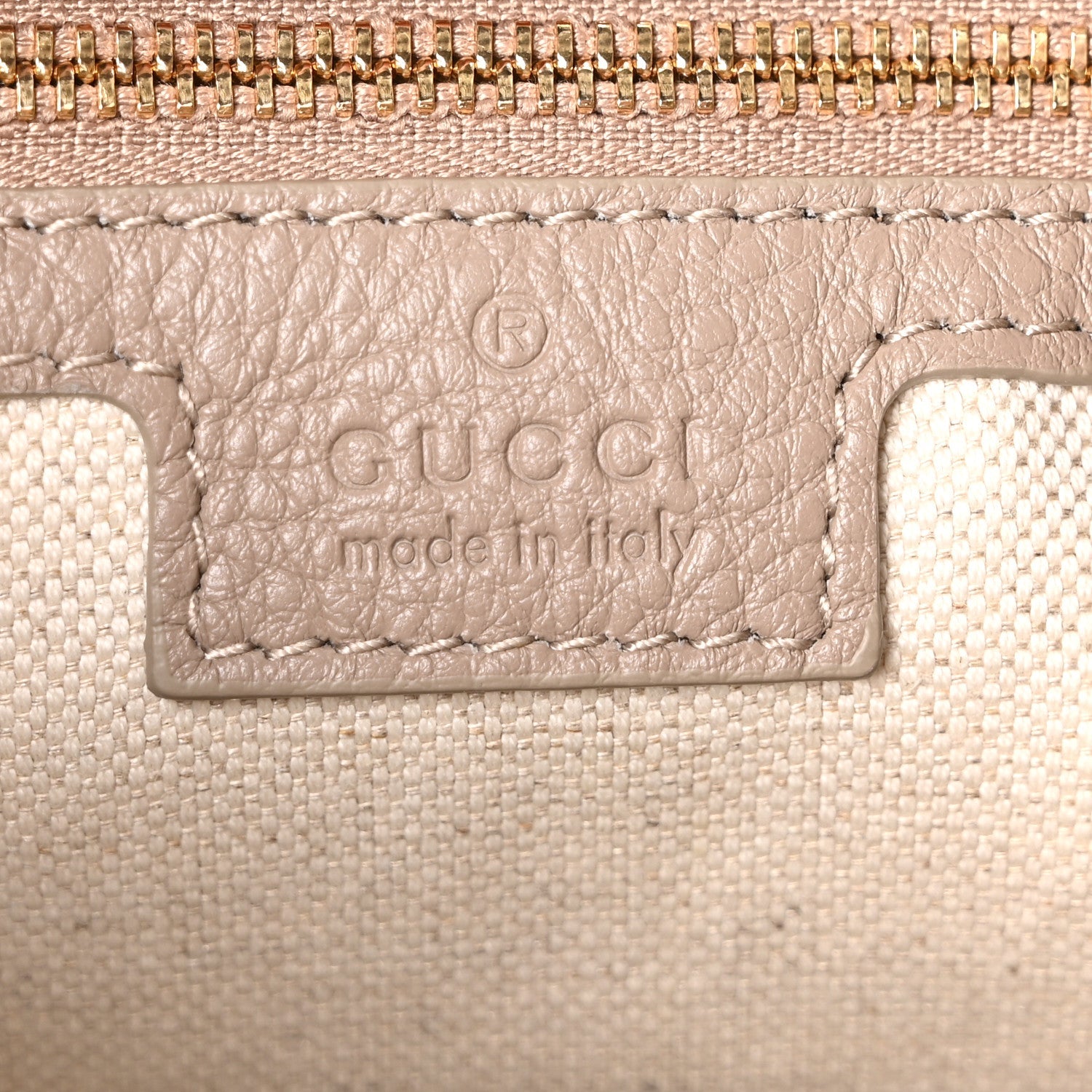 Gucci GG Grainy Calfskin Emblem Large Half Moon Shoulder Bag Taupe