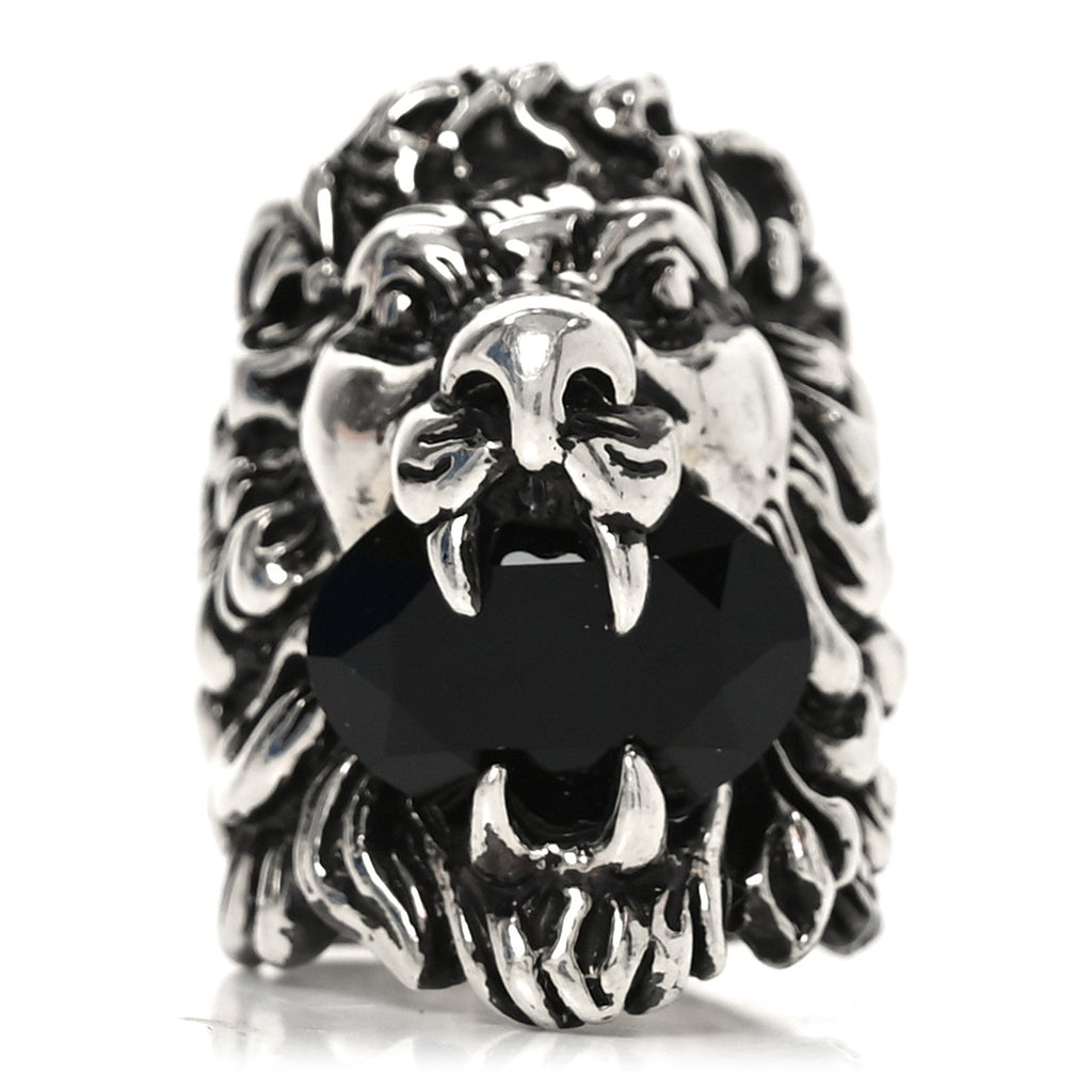 Gucci Metal Crystal Lion Head Ring  49 4.75 Black Aged Silver