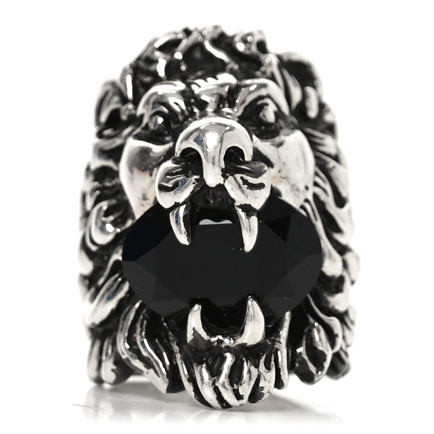Gucci Metal Crystal Lion Head Ring  49 4.75 Black Aged Silver
