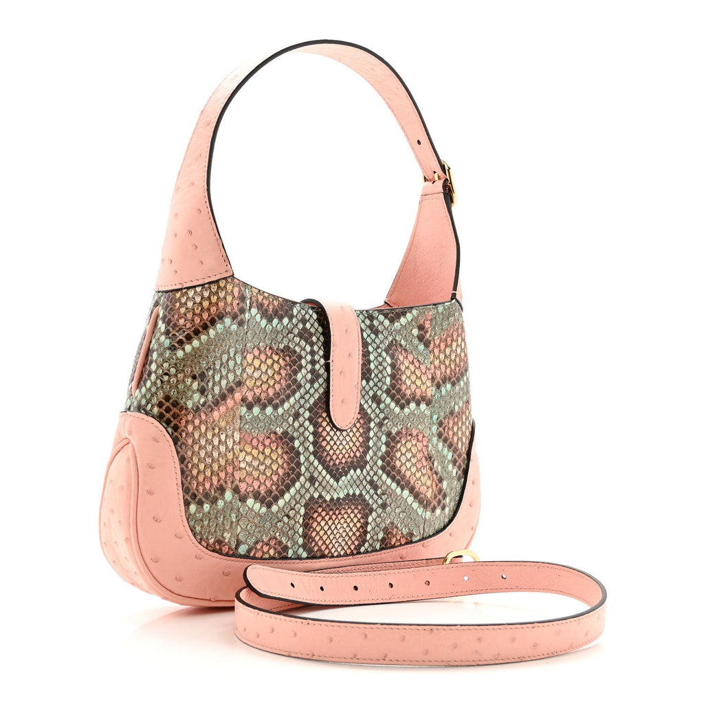 Gucci Snakeskin Ostrich Calfskin Small Jackie 1961 Hobo Pink Multicolor