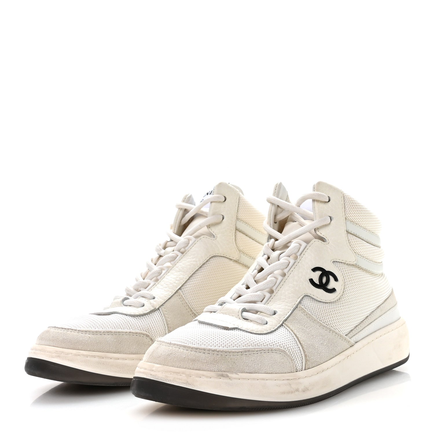 Chanel Suede Fabric Grained Calfskin Womens CC High Top Sneakers 38 White