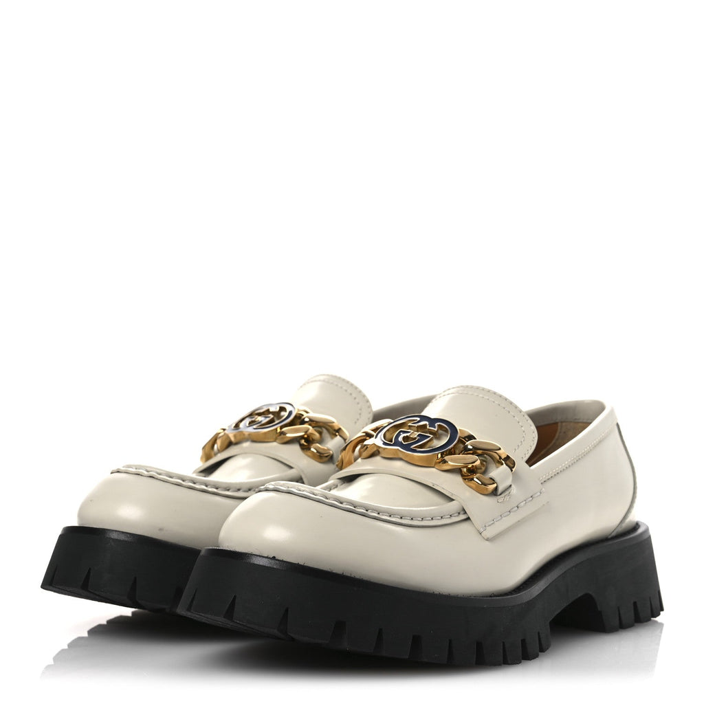 Gucci Cordovan Lux Womens Jeanne Platform Lug Sole 30/45mm Loafers 39 Mystic White