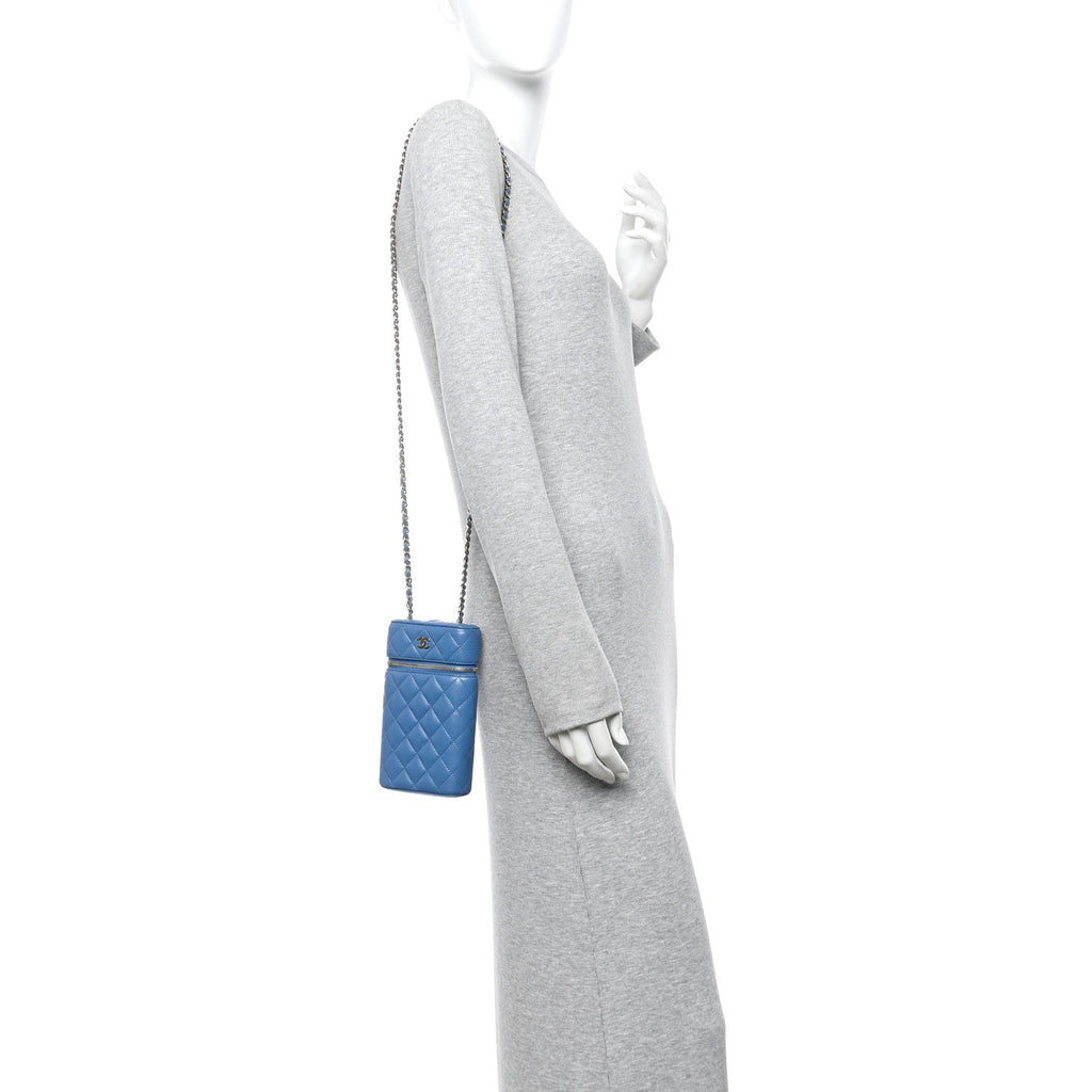 Chanel Caviar Quilted Phone Holder With Chain Blue