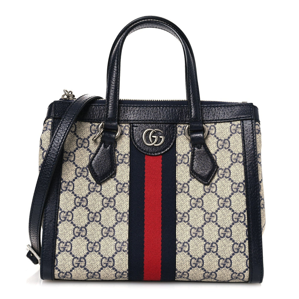 Gucci GG Supreme Monogram Textured Dollar Calfskin Web Small Ophidia Tote Bag Beige Blue