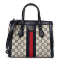 Gucci GG Supreme Monogram Textured Dollar Calfskin Web Small Ophidia Tote Bag Beige Blue