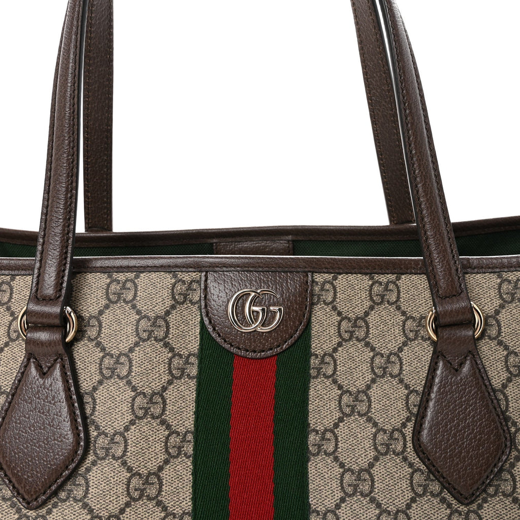 Gucci GG Supreme Monogram Calfskin Web Large Ophidia Tote Beige Dark Brown