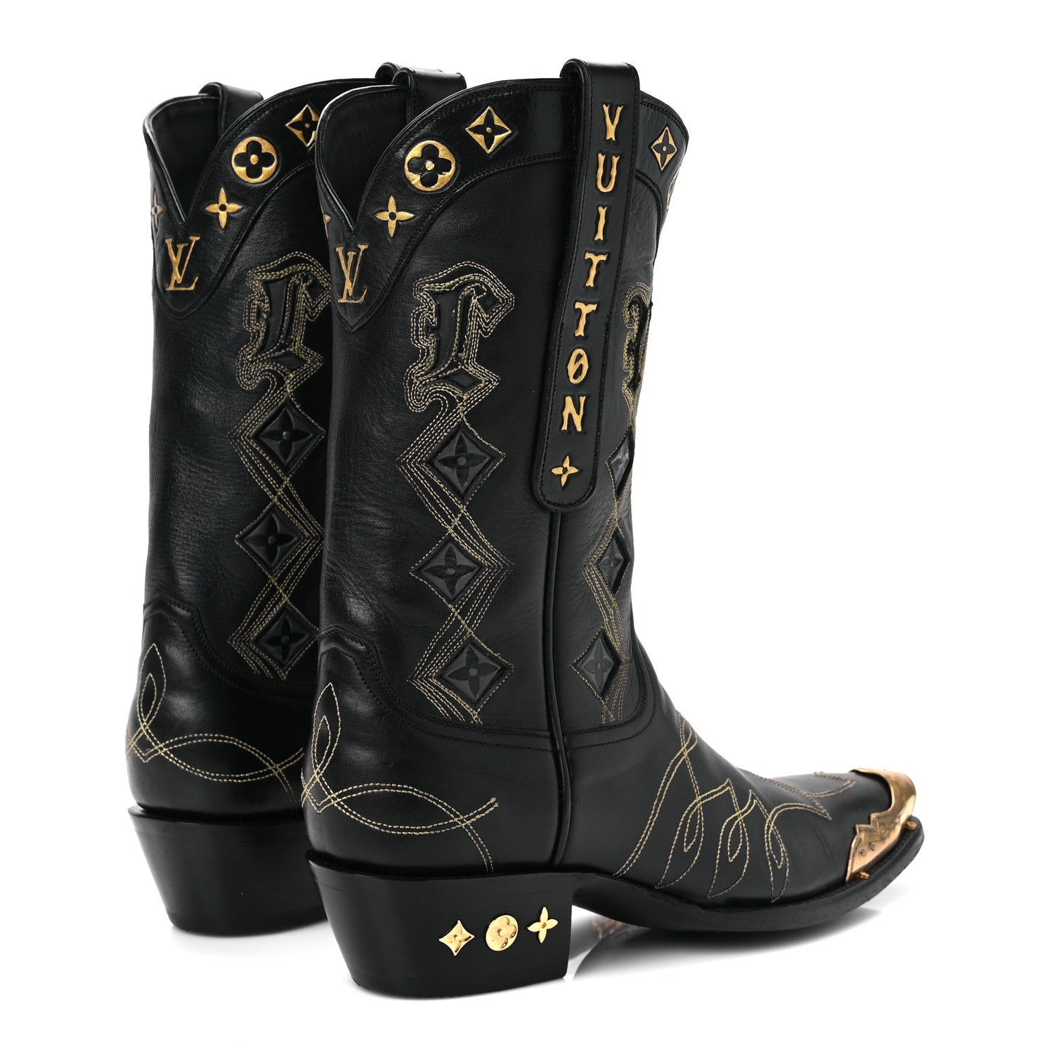 Louis Vuitton Calfskin LV Texan Mens Rider Boots 7.5 Black Gold