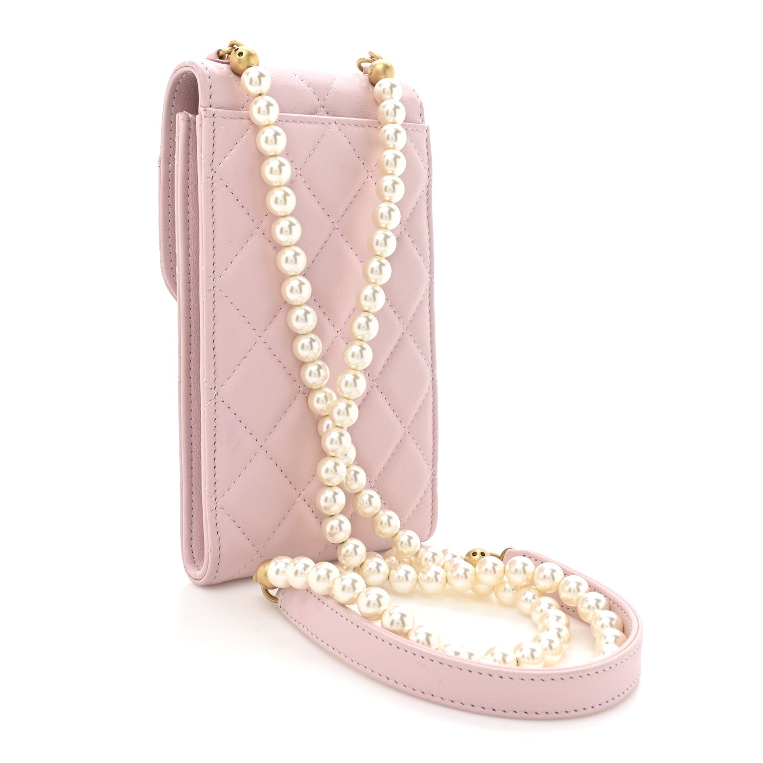 Chanel Lambskin Quilted Pearl Phone Holder With Chain Pink