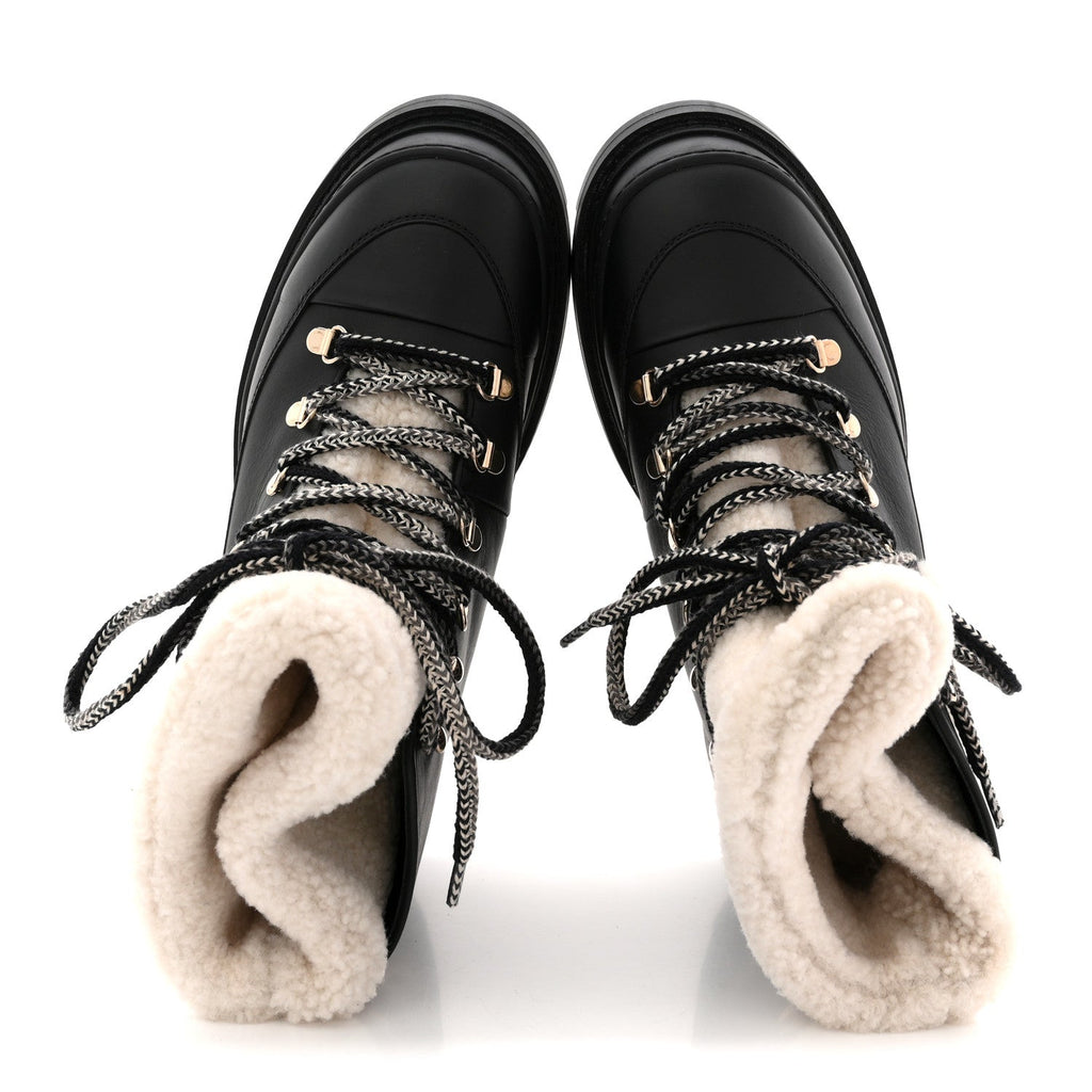 Calfskin Shearling CC Lace Up Boots 38.5 Black
