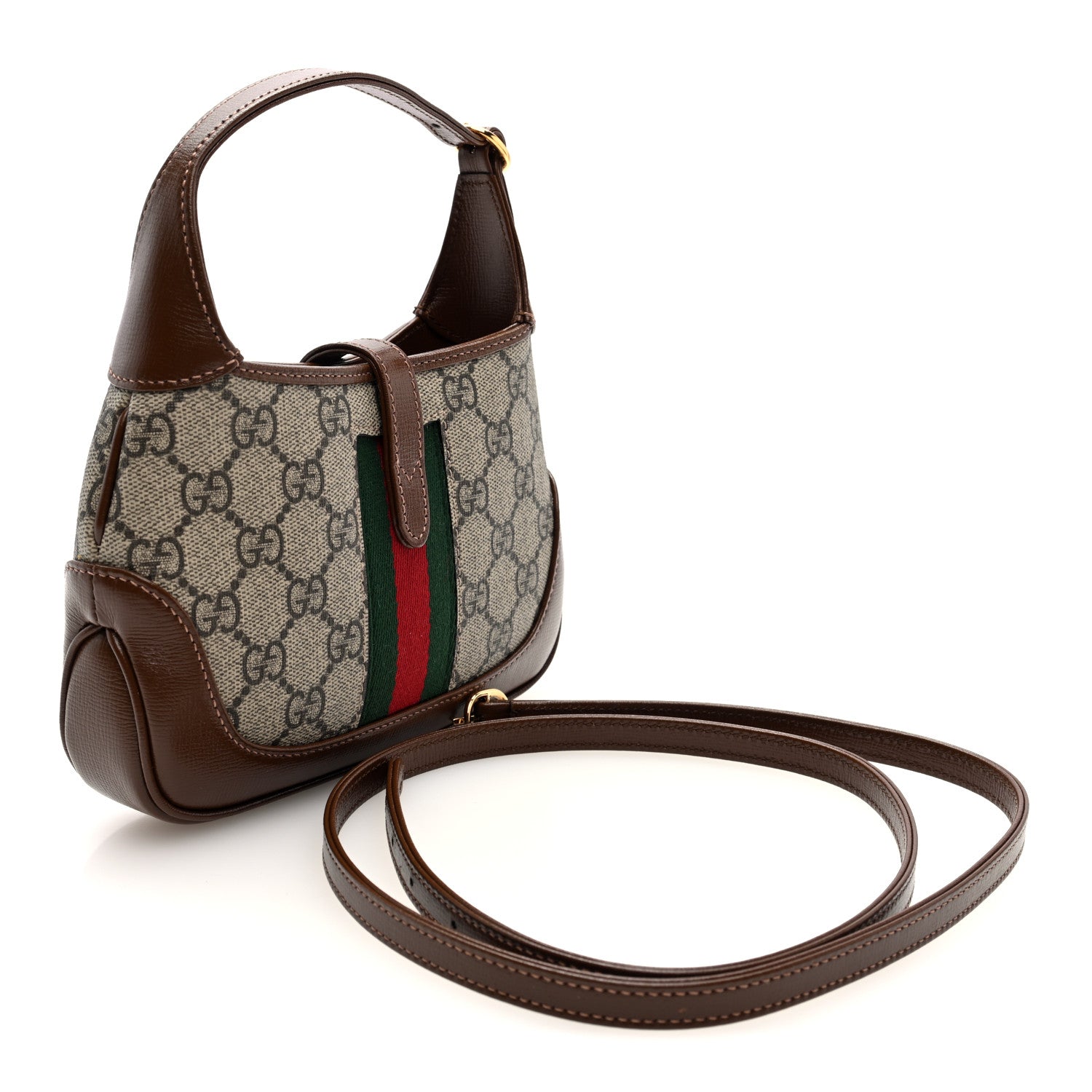 Gucci GG Supreme Monogram Azalea Calfskin Web Mini Jackie 1961 Hobo Beige Ebony Brown Sugar