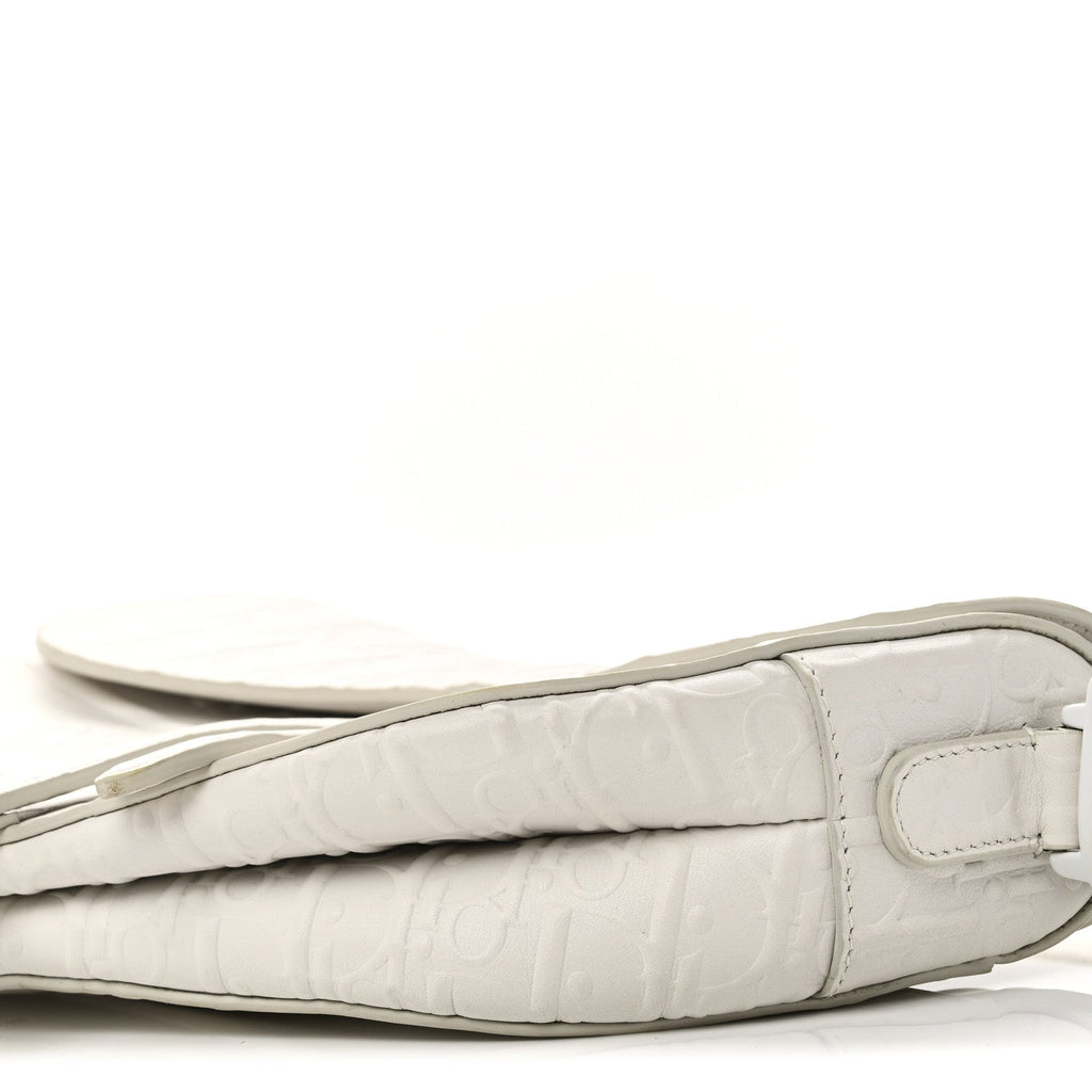 Christian Dior Calfskin Embossed Oblique Saddle Bag White