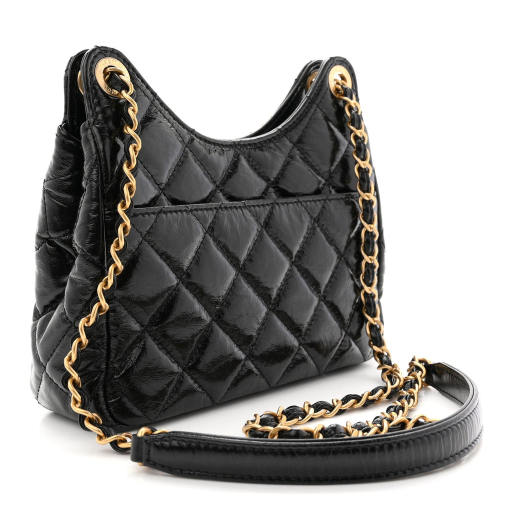 Chanel Shiny Crumpled Calfskin Quilted Small Wavy CC Hobo Black