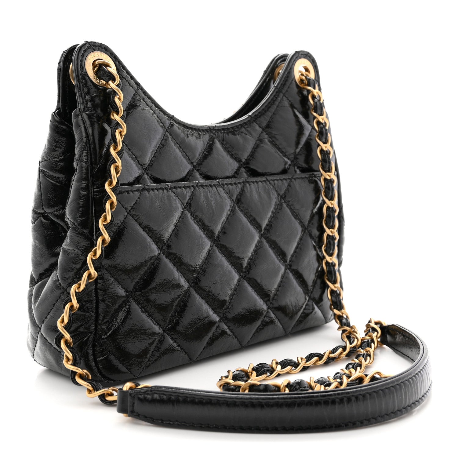 Chanel Shiny Crumpled Calfskin Quilted Small Wavy CC Hobo Black