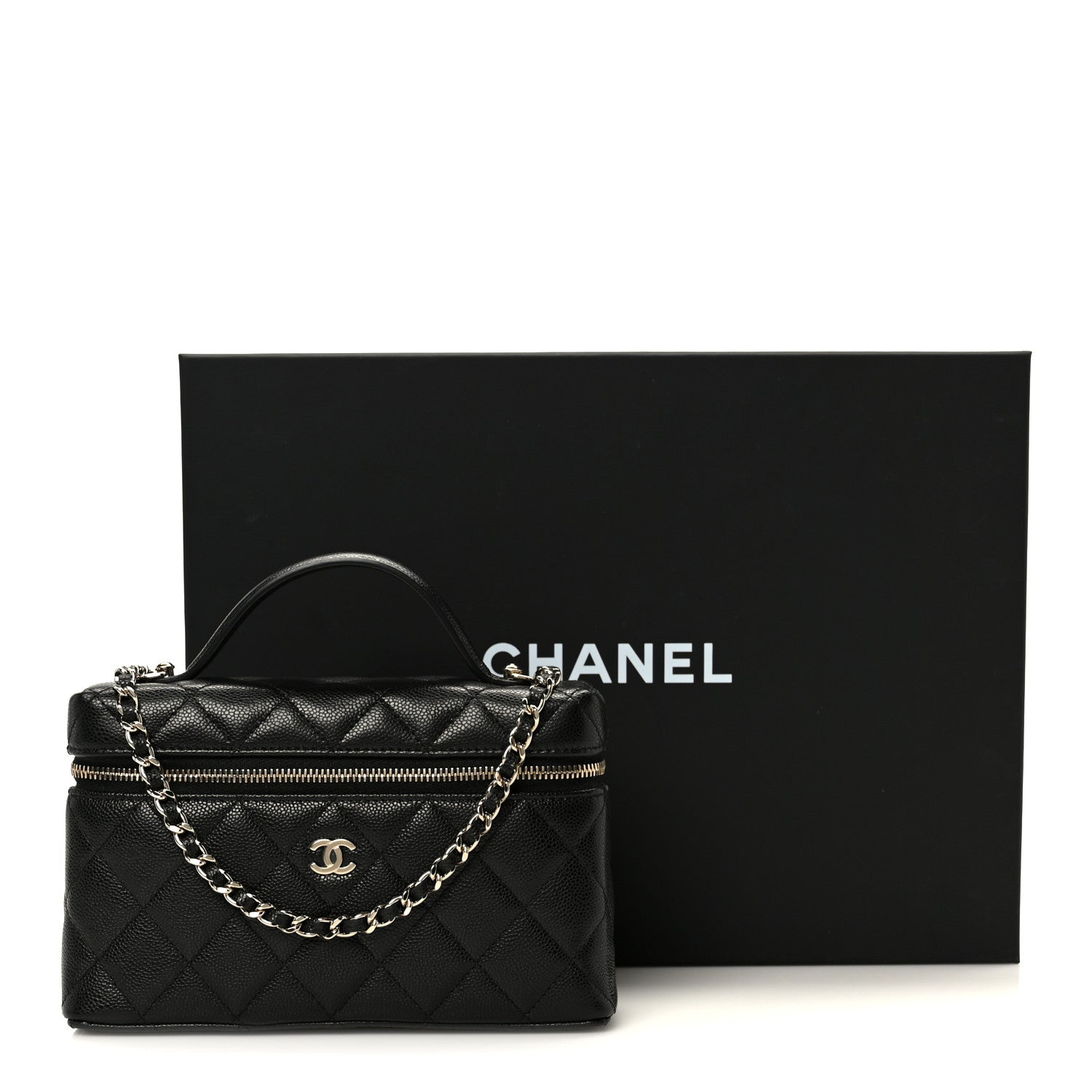 Chanel Caviar Quilted Top Handle Slim Vanity With Chain Black