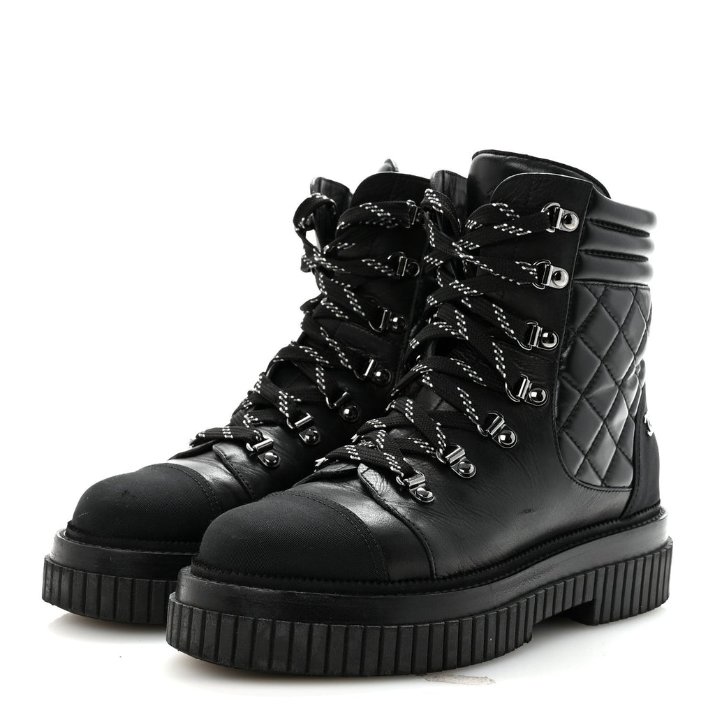 Calfskin Grosgrain Quilted Lace Up Boots 38.5 Black Grey
