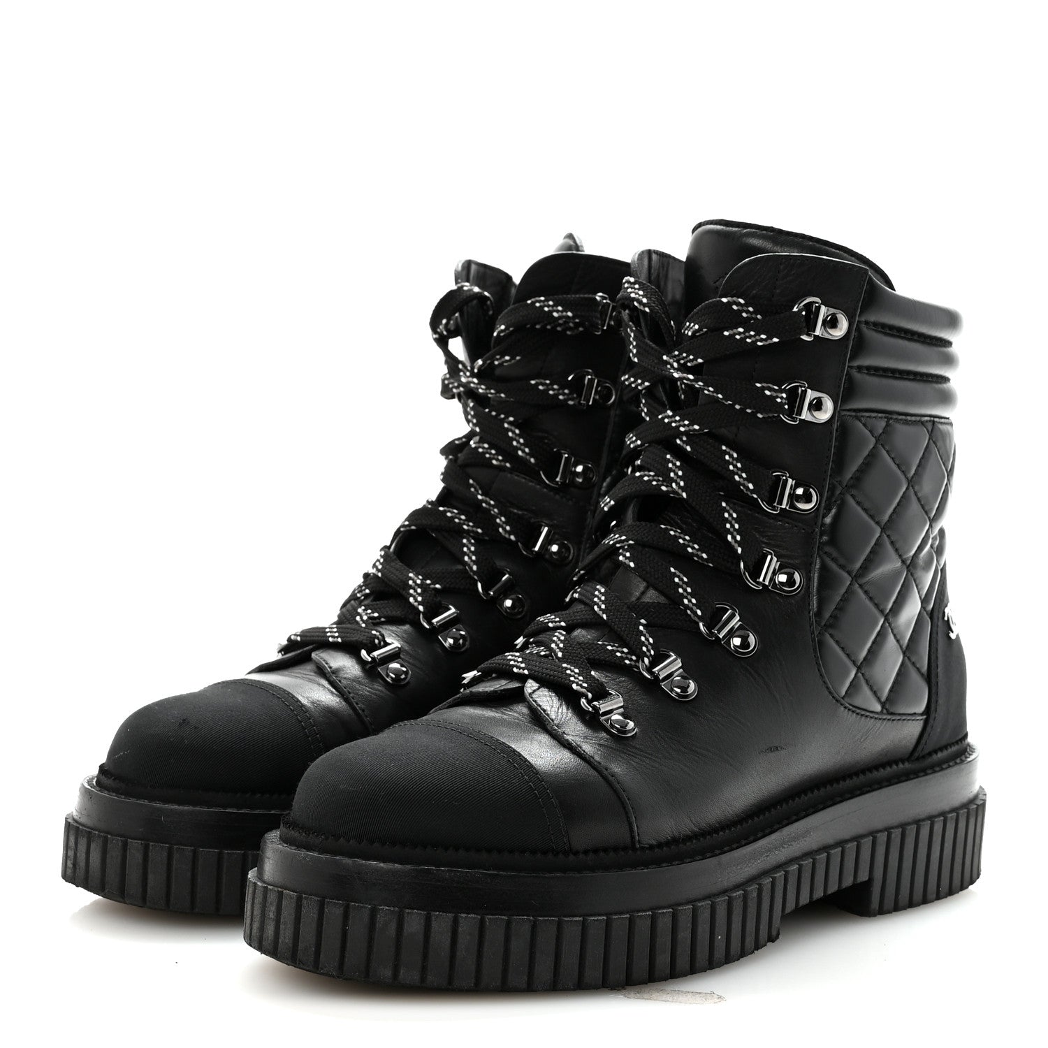 Calfskin Grosgrain Quilted Lace Up Boots 38.5 Black Grey