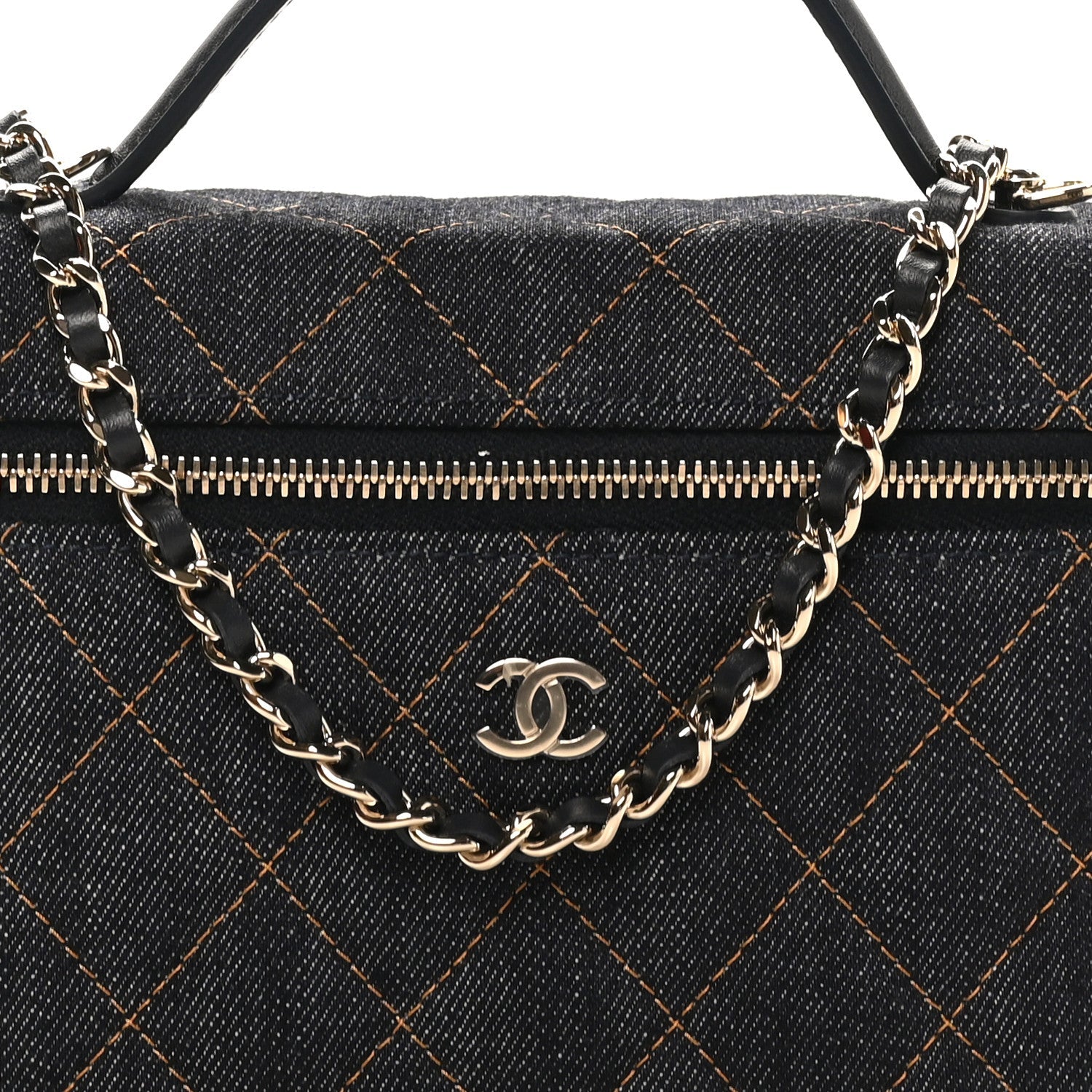 Chanel Denim Quilted Top Handle Slim Vanity Case With Chain Dark Blue Orange