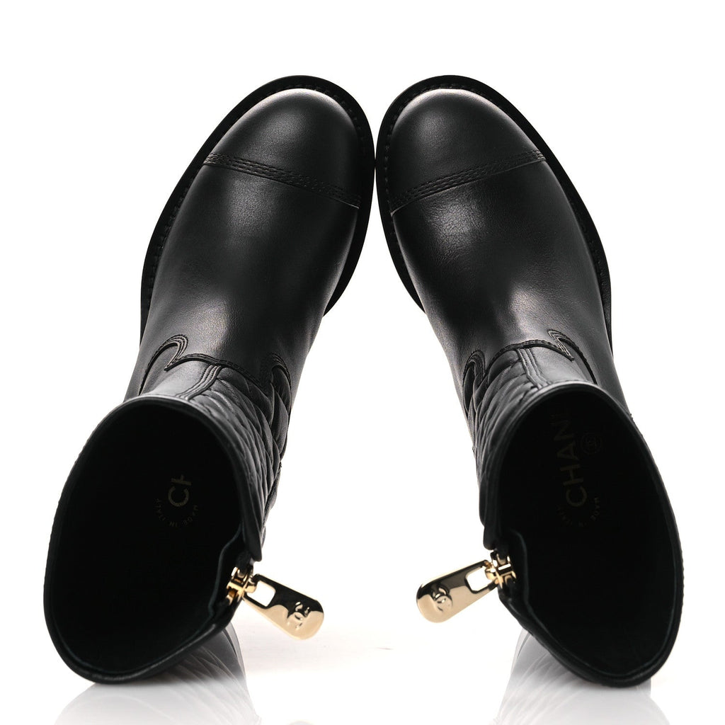 Calfskin Quilted CC Logo Mid Calf Boots 35 Black