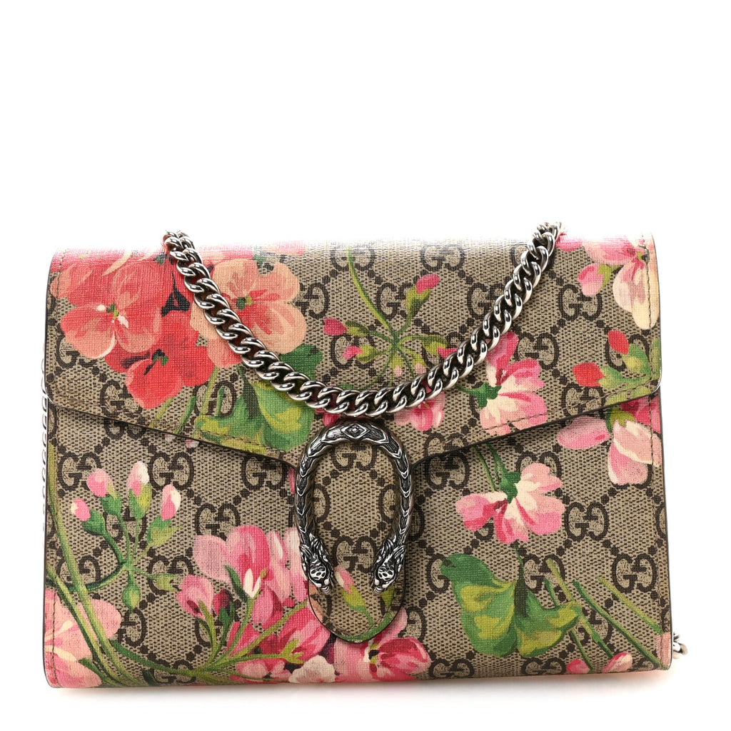 Gucci GG Supreme Monogram Blooms Mini Dionysus Chain Wallet Beige Multicolor Dry Rose