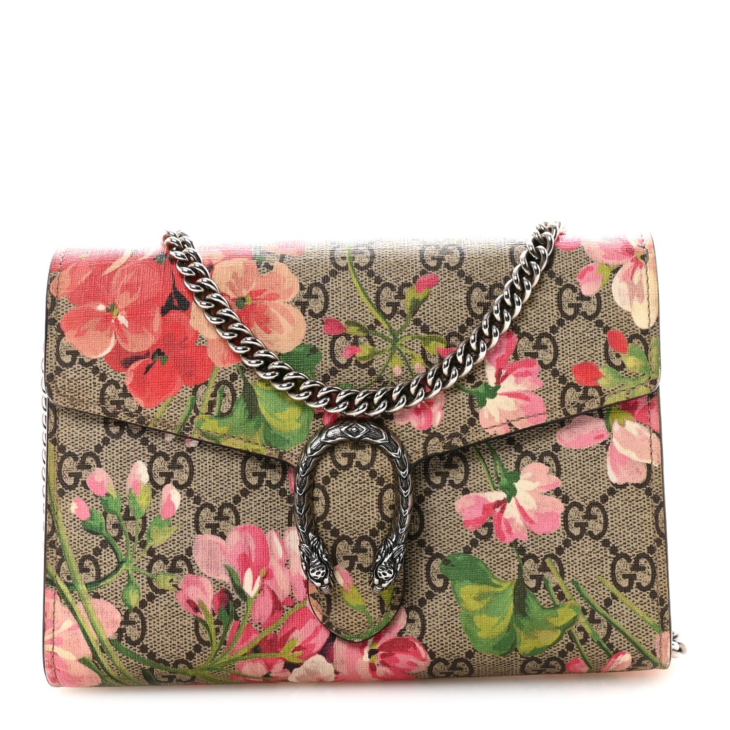 Gucci GG Supreme Monogram Blooms Mini Dionysus Chain Wallet Beige Multicolor Dry Rose