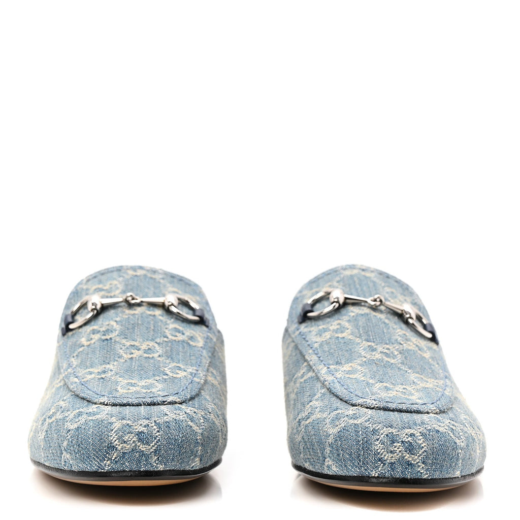 Gucci New Denim GG Malaga Kid Womens Princetown Slippers 37.5 Light Blue Royale