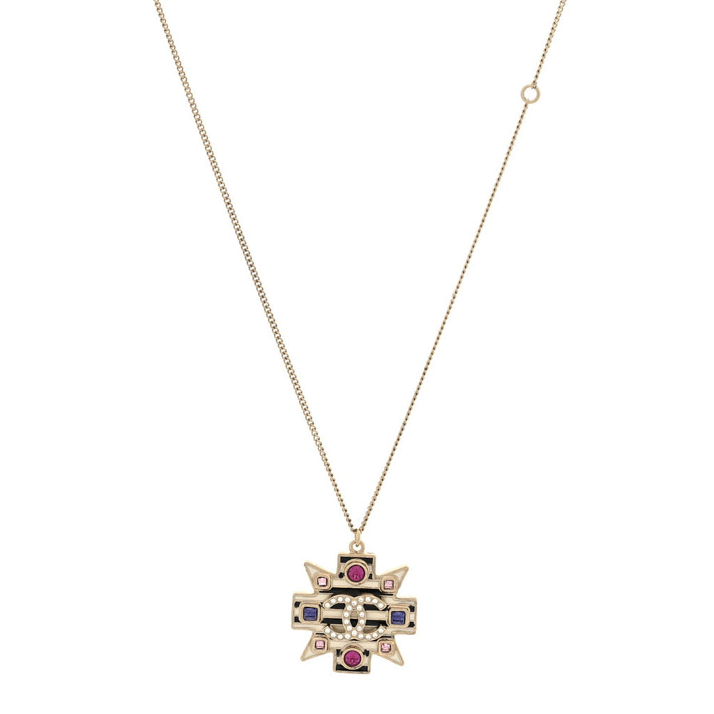 Crystal Enamel Stripe CC Pendant Necklace Gold Multicolor