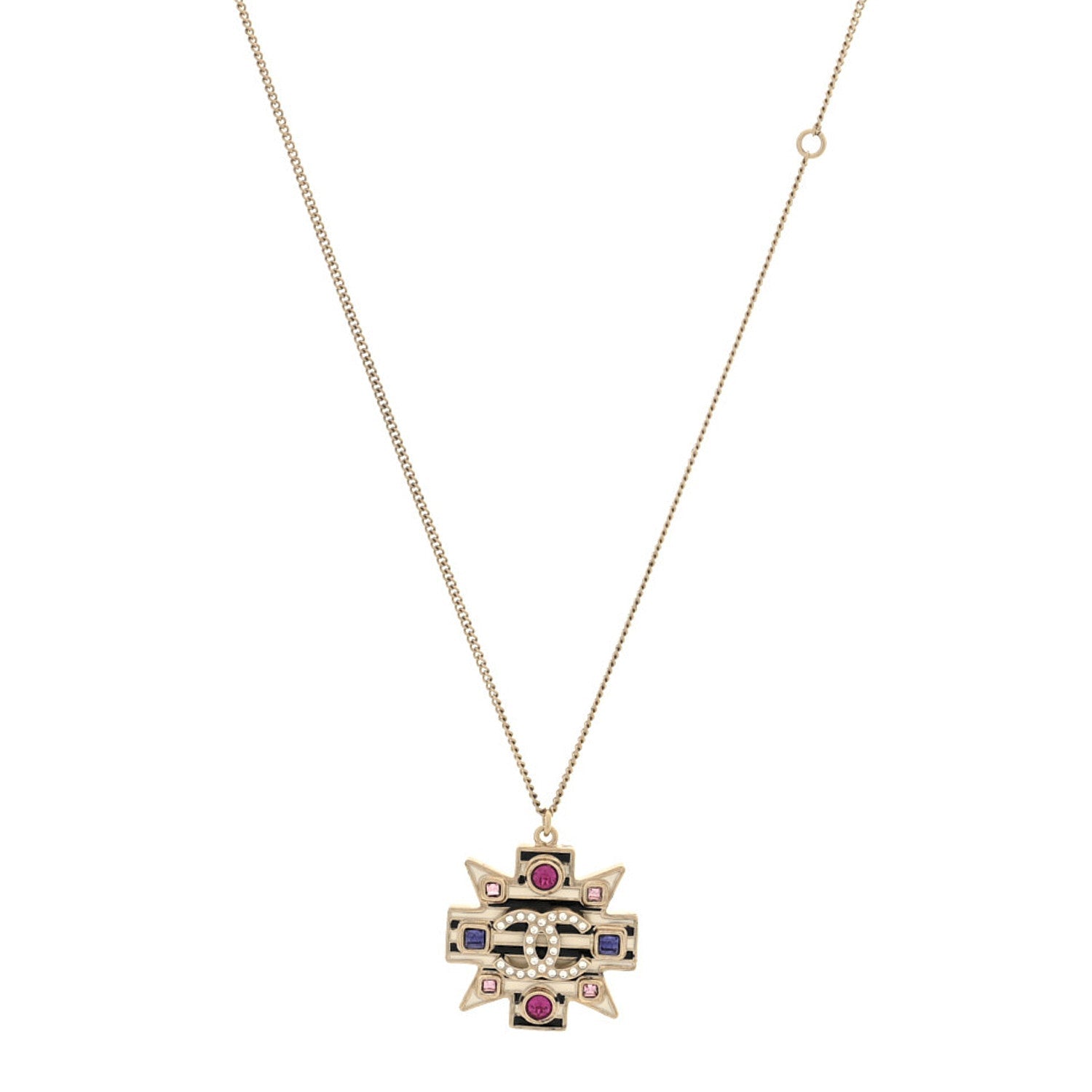 Crystal Enamel Stripe CC Pendant Necklace Gold Multicolor