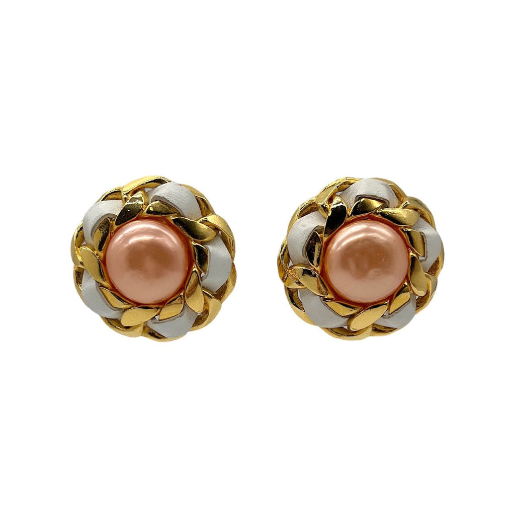 Vintage Chanel Peach Synthetic Pearl Leather & Chain Earrings