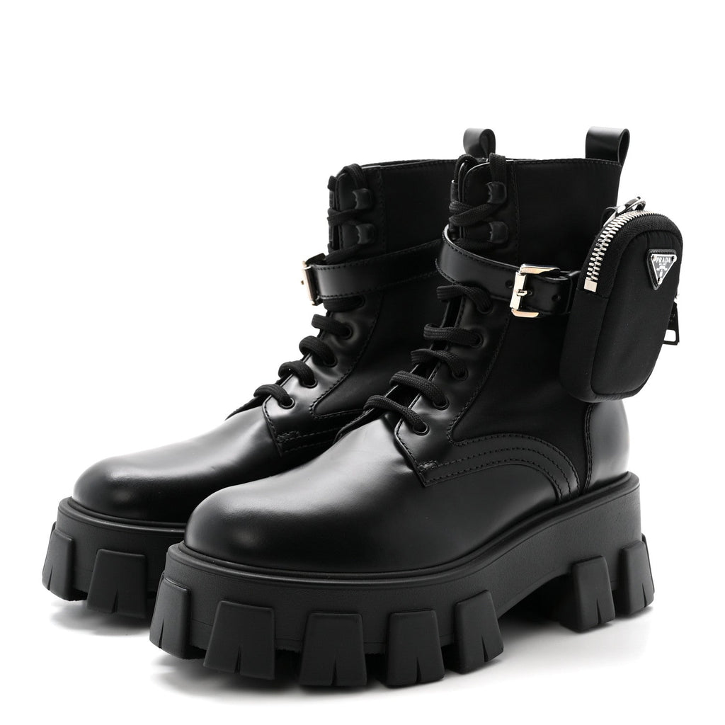 Prada Spazzolato Rois Nylon Metal Triangle Logo Monolith Pouch Pocket 55mm Boots 37 Black