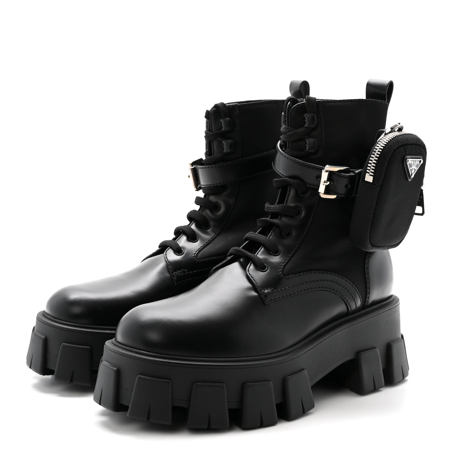 Prada Spazzolato Rois Nylon Metal Triangle Logo Monolith Pouch Pocket 55mm Boots 37 Black