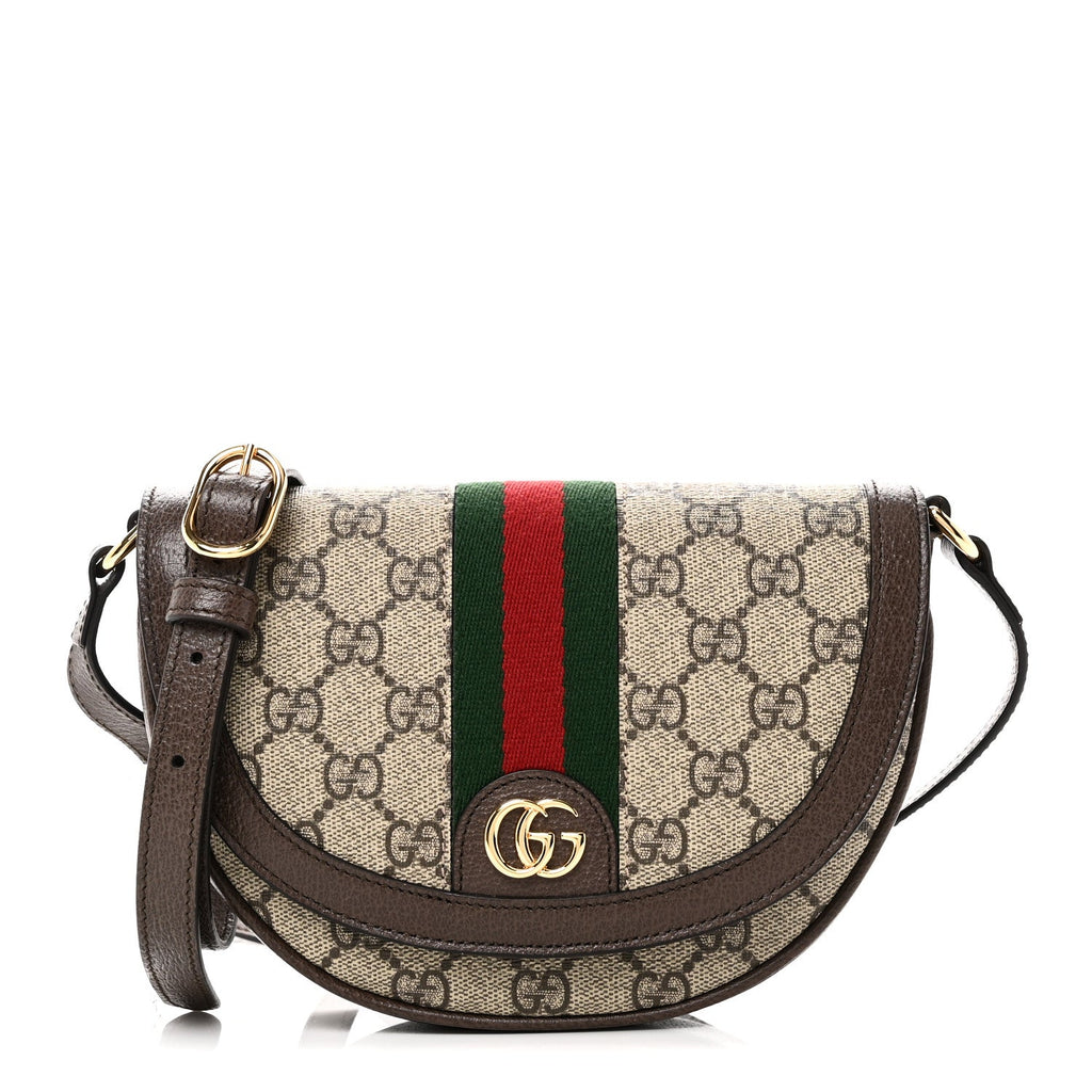 Gucci GG Supreme Monogram Textured Dollar Calfskin Web Mini Ophidia Flap Shoulder Bag Beige Ebony New Acero