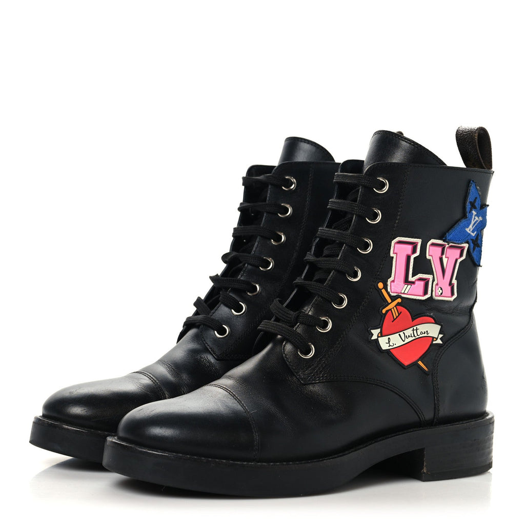 Louis Vuitton Calfskin LV Black Heart Flat Ranger Boots 37 Black