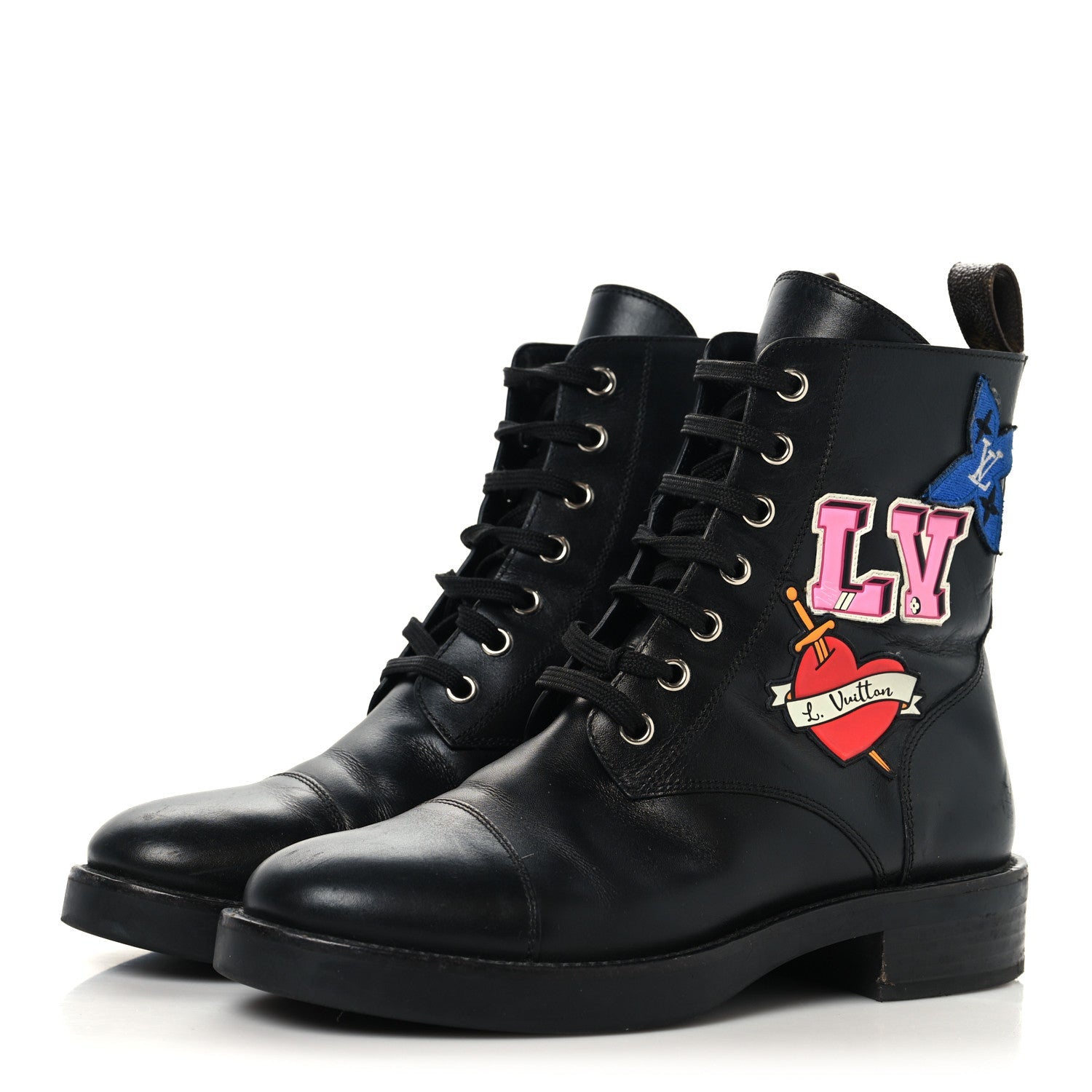 Louis Vuitton Calfskin LV Black Heart Flat Ranger Boots 37 Black