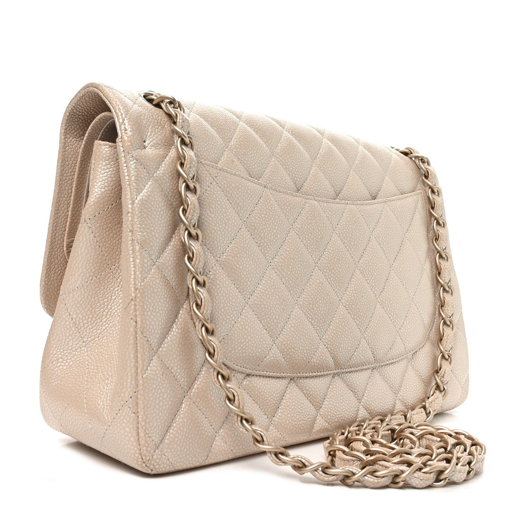 Chanel Iridescent Caviar Quilted Jumbo Double Flap Beige
