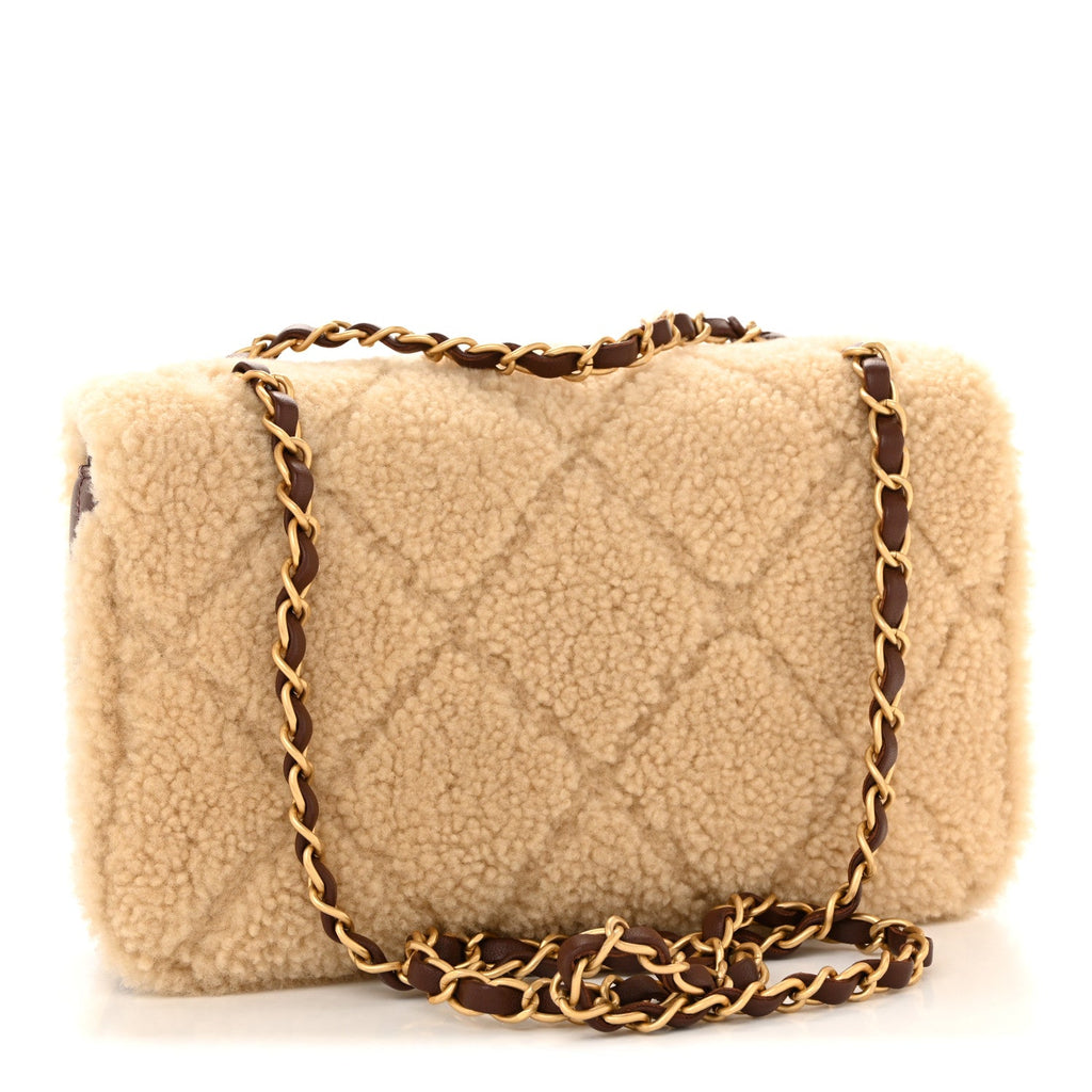 Chanel Shearling Lambskin Quilted Furry Coco Flap Dark Brown Beige