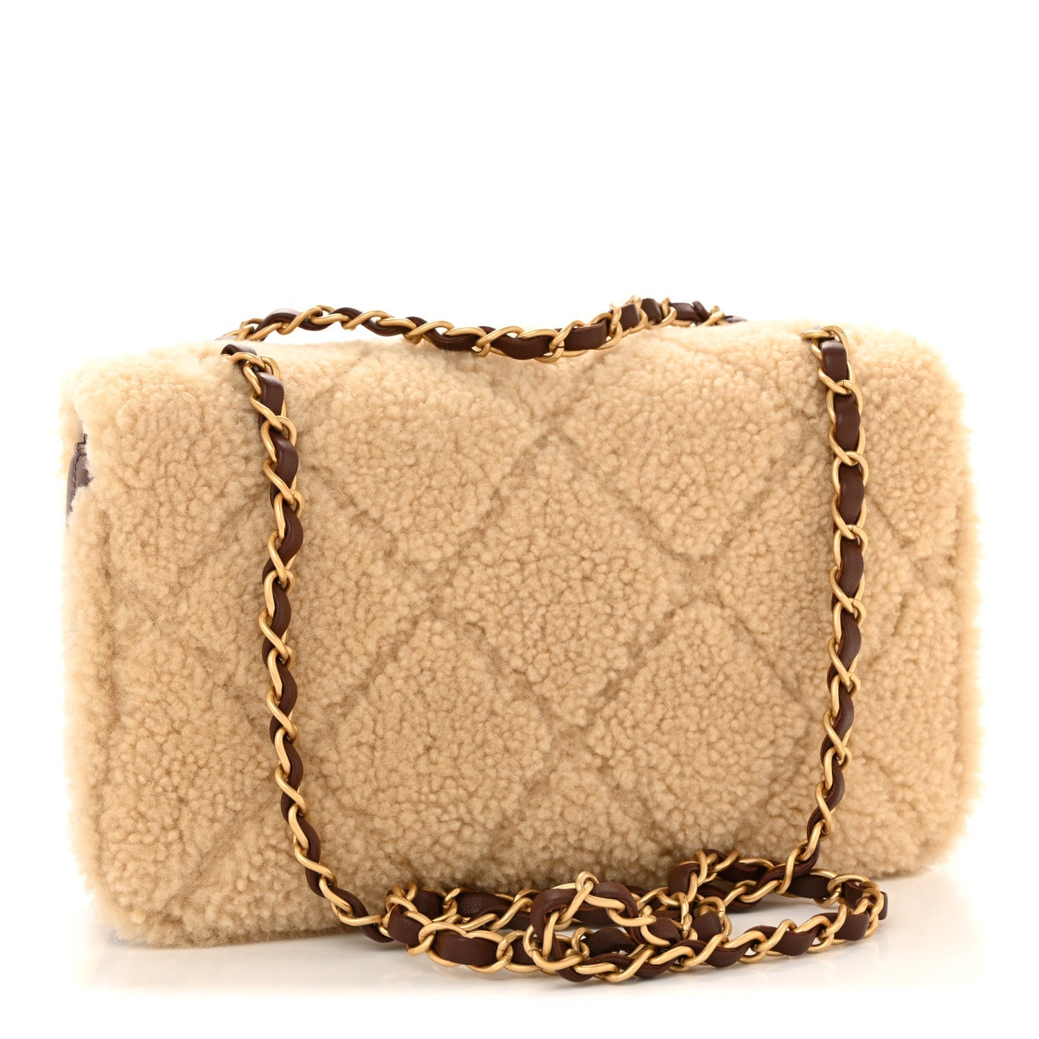 Chanel Shearling Lambskin Quilted Furry Coco Flap Dark Brown Beige