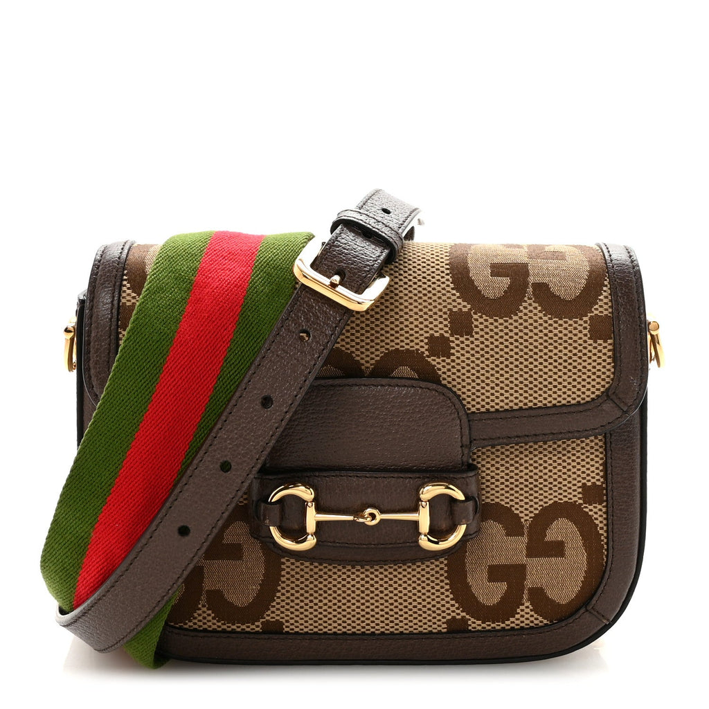 Gucci Monogram Jumbo GG Textured Dollar Calfskin Web Mini Horsebit 1955 Shoulder Bag Camel Ebony New Acero
