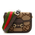 Gucci Monogram Jumbo GG Textured Dollar Calfskin Web Mini Horsebit 1955 Shoulder Bag Camel Ebony New Acero