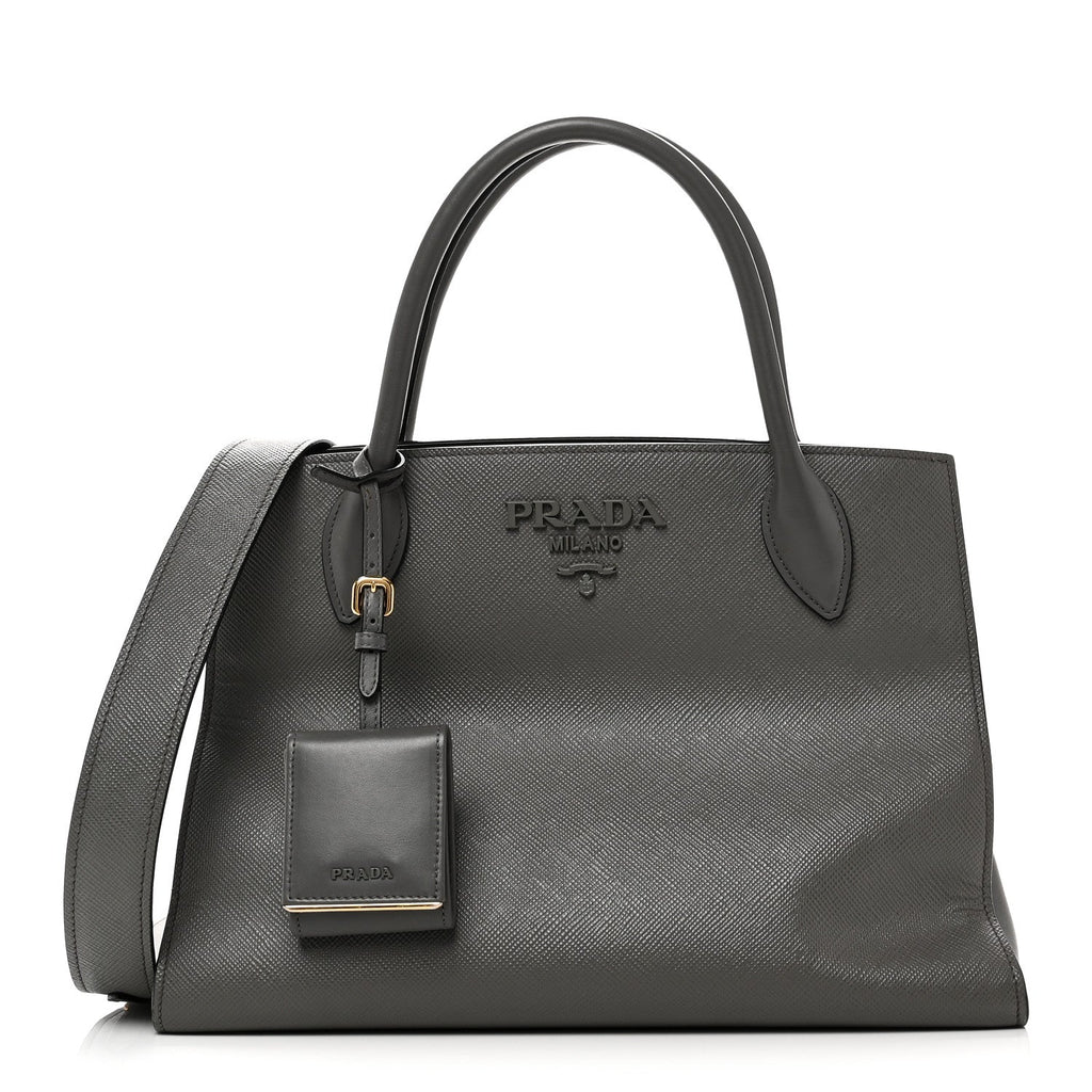 Prada Saffiano Cuir Calfskin Medium Monochrome Top Handle Tote Ardesia