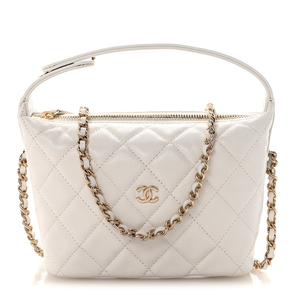 Chanel Caviar Quilted Hobo Clutch With Chain White