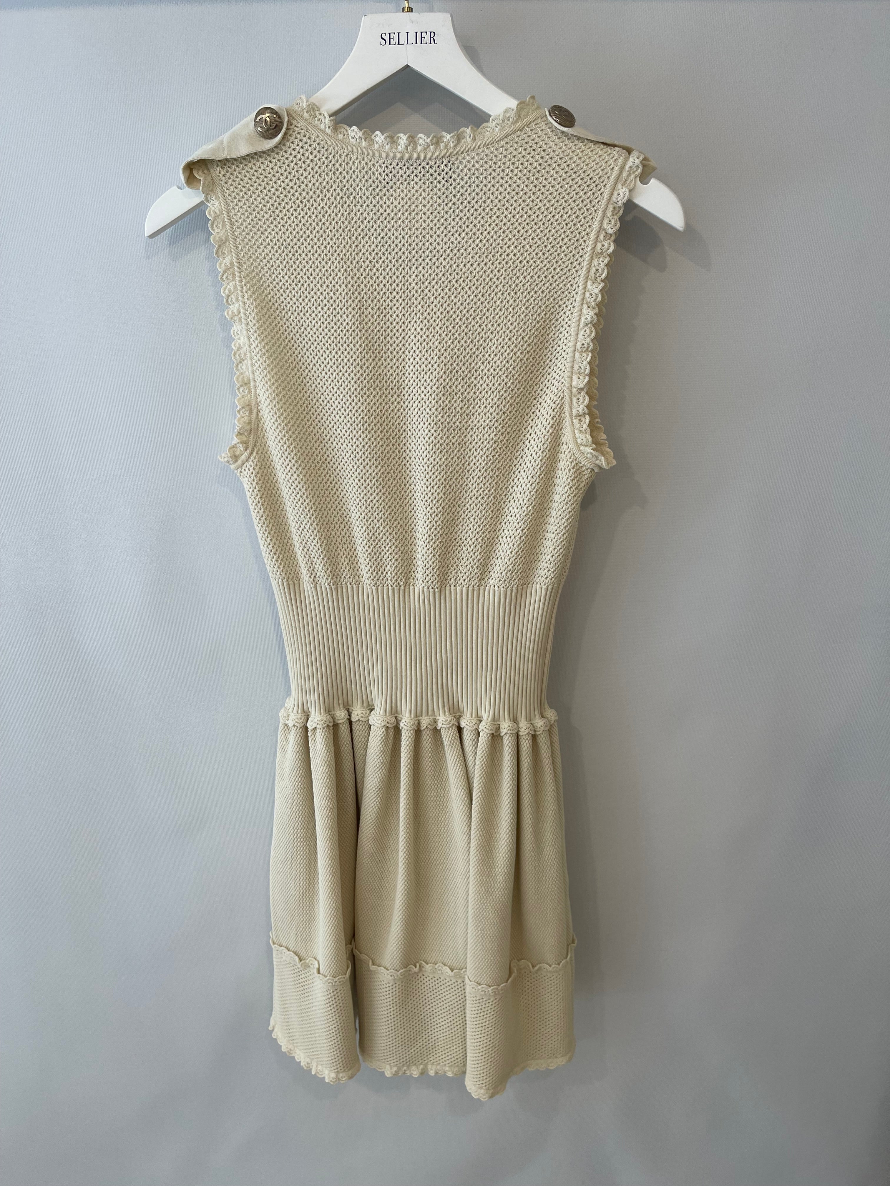 Chanel Cream Knit Sleeveless Mini Dress with Gold CC Logo Detail Size FR 38 (UK 10)