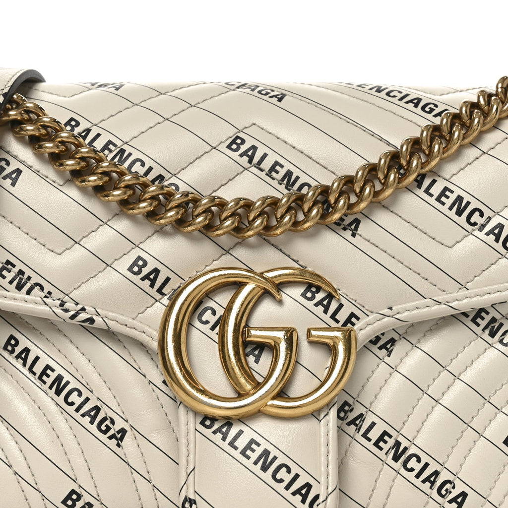 Gucci X BALENCIAGA Calfskin Matelasse Logo Print Small GG Marmont Shoulder Bag White