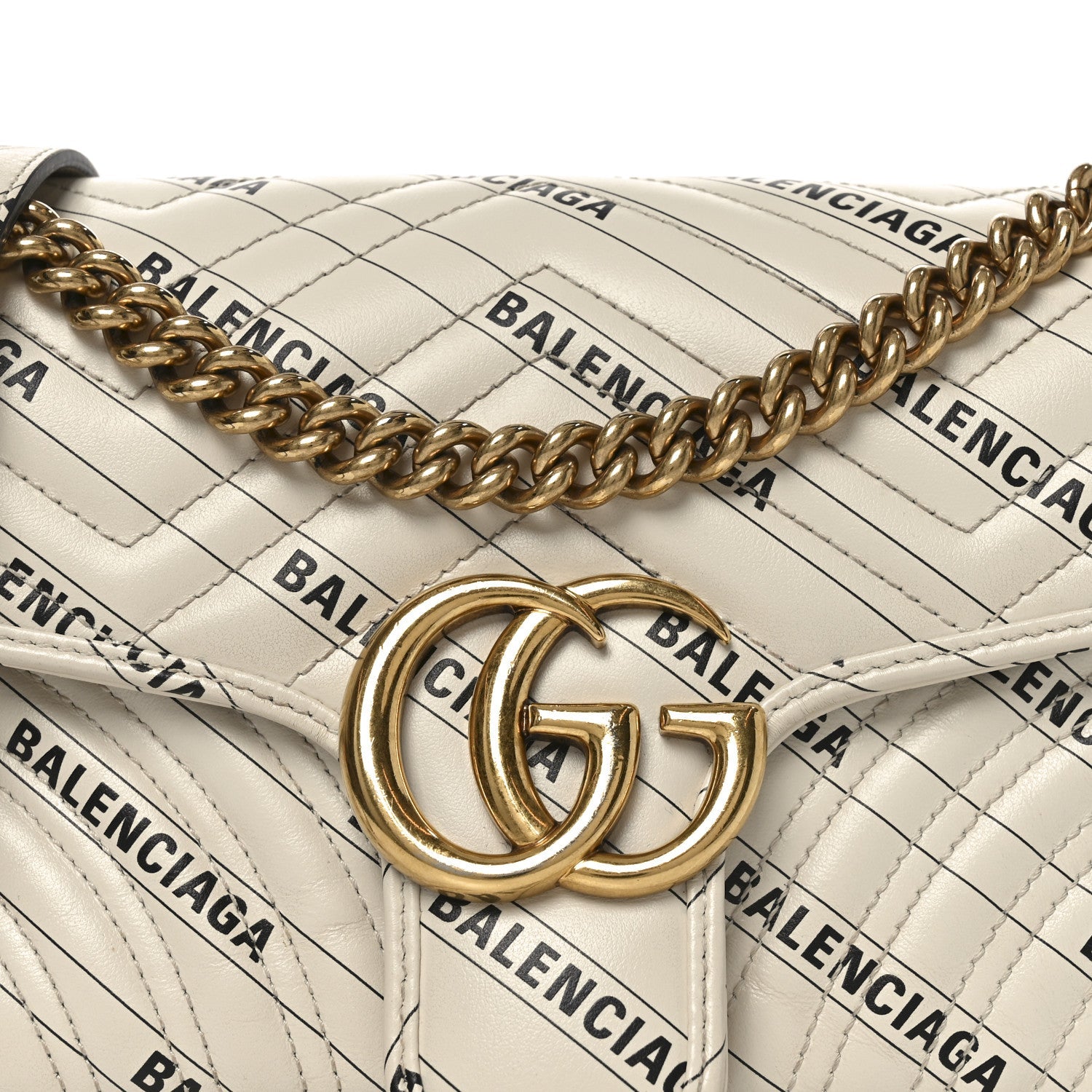 Gucci X BALENCIAGA Calfskin Matelasse Logo Print Small GG Marmont Shoulder Bag White