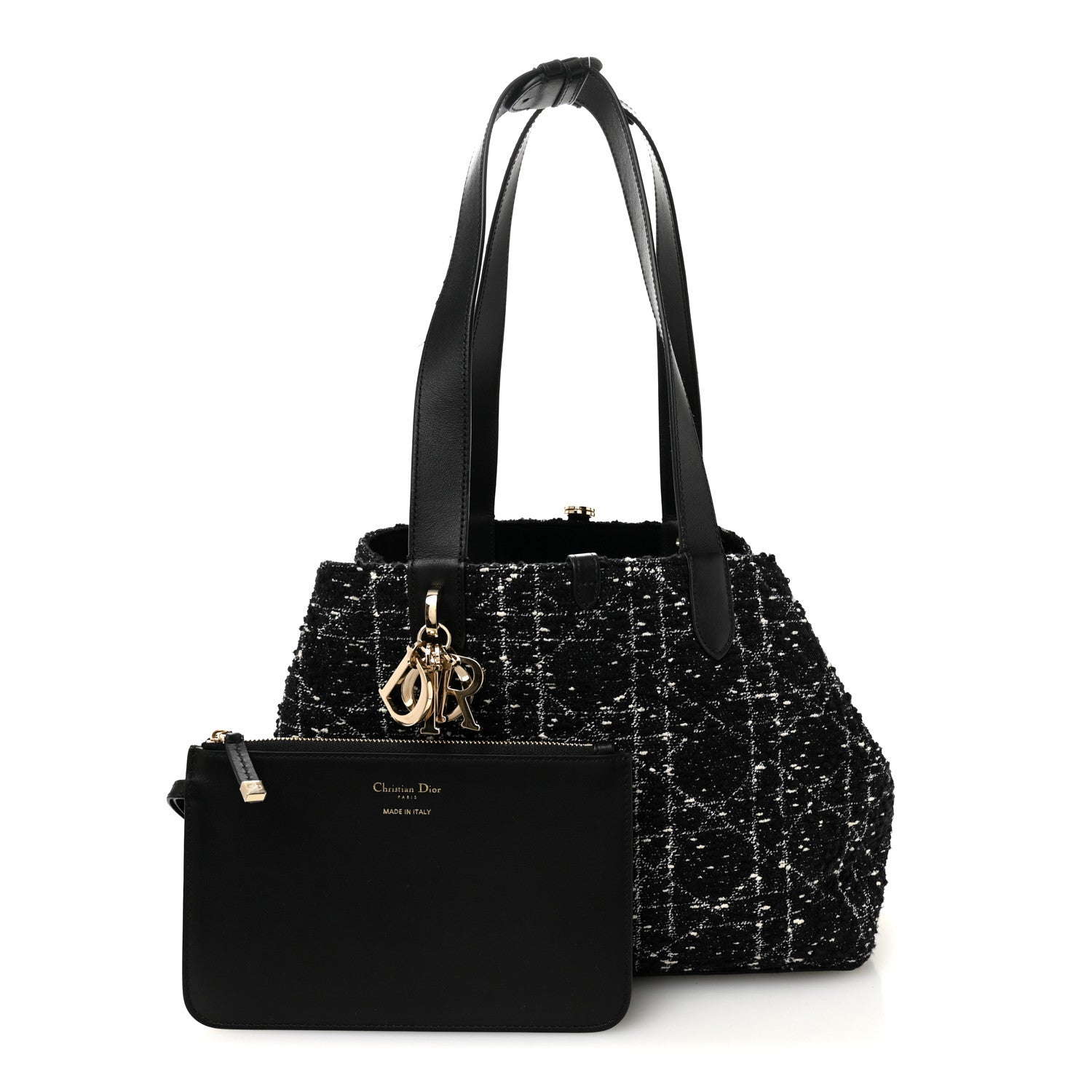 Christian Dior Calfskin Tweed Cannage Medium Toujours  Black White