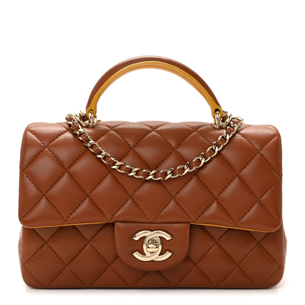 Chanel Lambskin Quilted Bi-Color Mini Top Handle Rectangular Flap Light Brown Yellow
