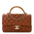 Chanel Lambskin Quilted Bi-Color Mini Top Handle Rectangular Flap Light Brown Yellow