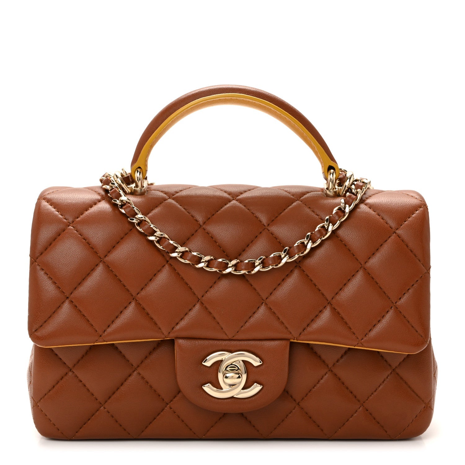 Chanel Lambskin Quilted Bi-Color Mini Top Handle Rectangular Flap Light Brown Yellow