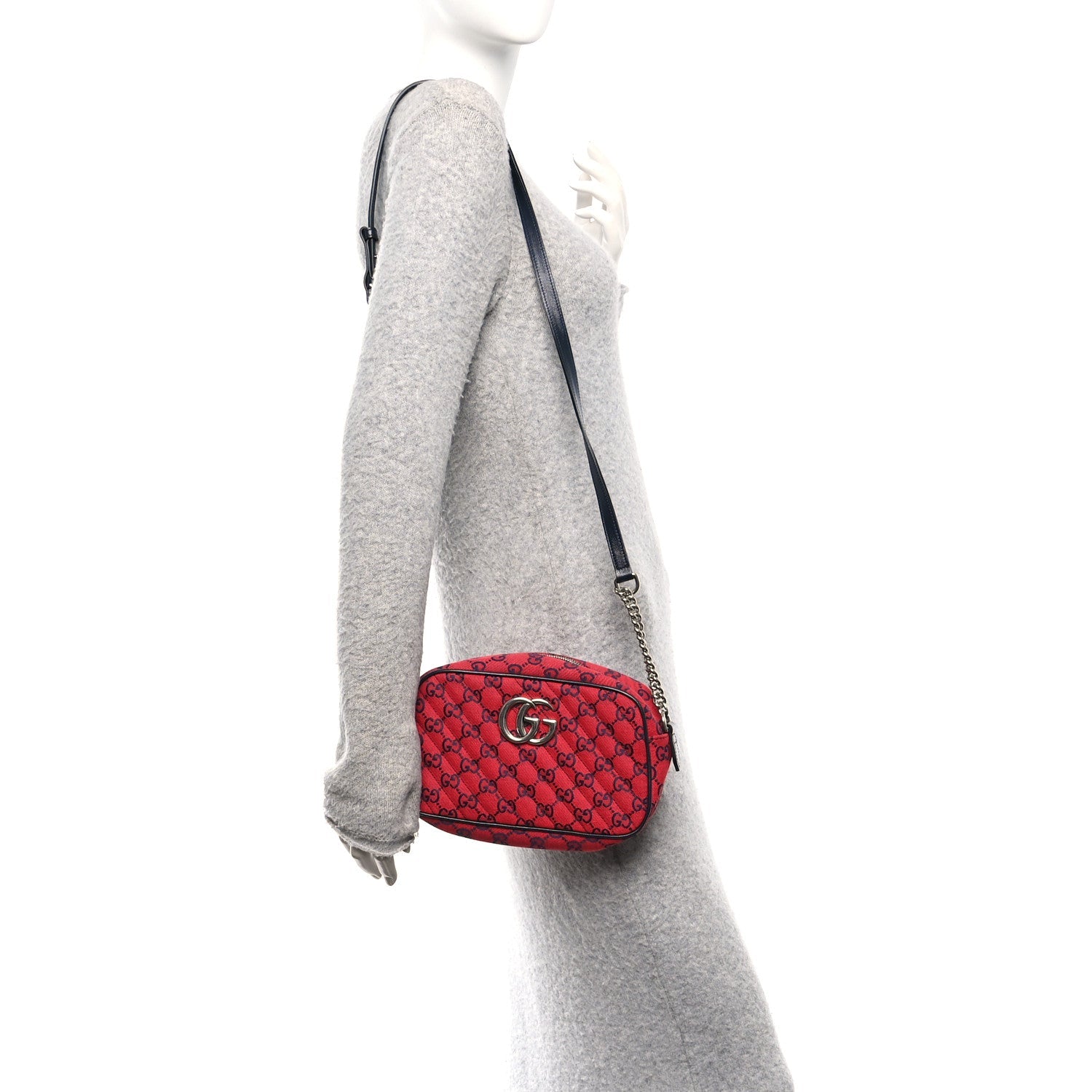 Gucci Monogram Multicolor Matelasse Diagonal Small GG Marmont Chain Shoulder Bag Red Blue