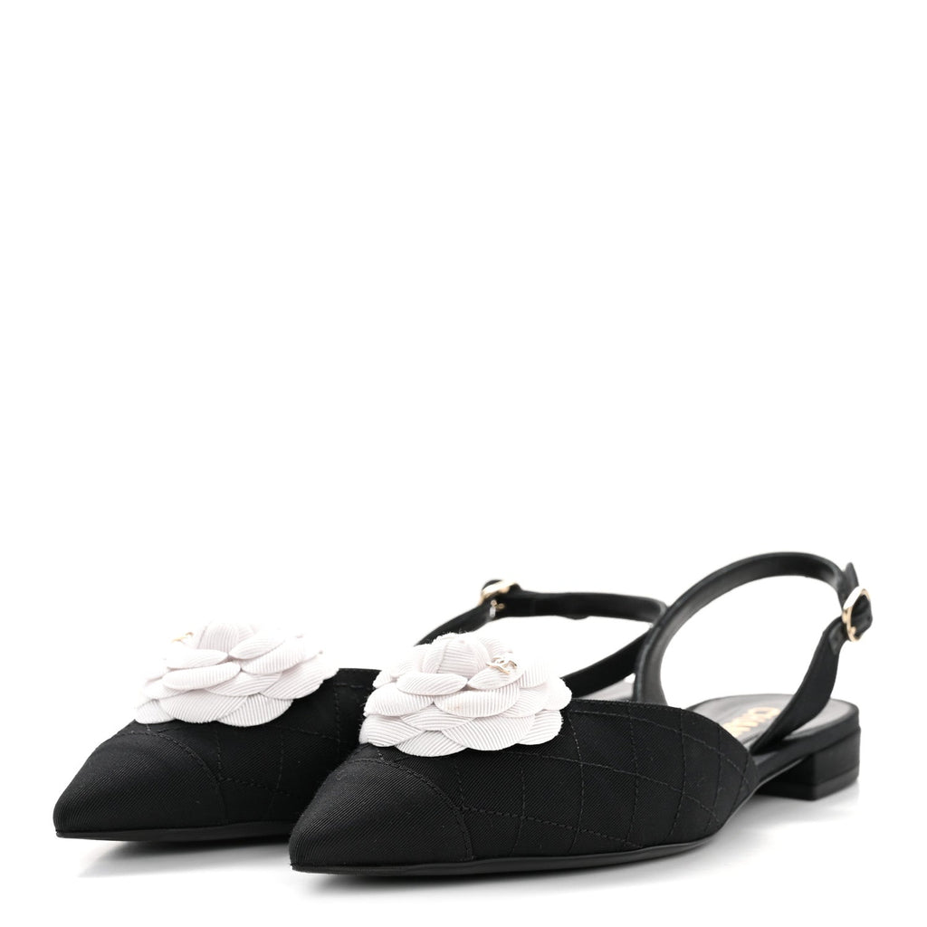 Grosgrain Camellia Slingback Flats 39.5 Black White
