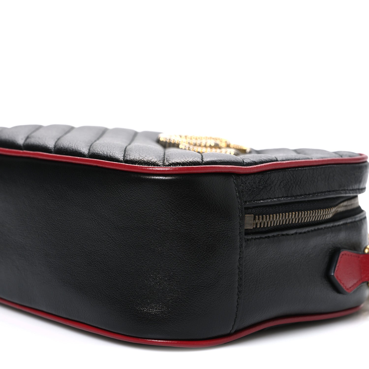 Gucci Vintage Effect Calfskin Matelasse Diagonal Small Torchon GG Marmont Bamboo Top Handle Shoulder Bag Black Romantic Cherry